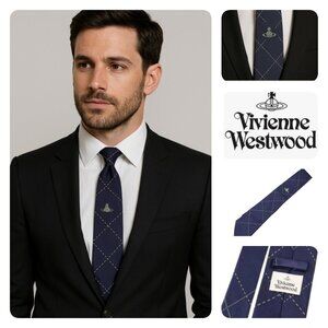 Vivienne Westwood Necktie Navy Blue skull Silk100% Made In Italy Tip
